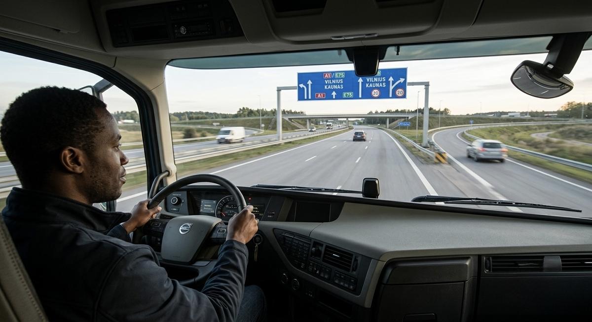 Vairuotojas vilkiko kabinoje A1 greitkelyje su Vilniaus ir Kauno ženklais