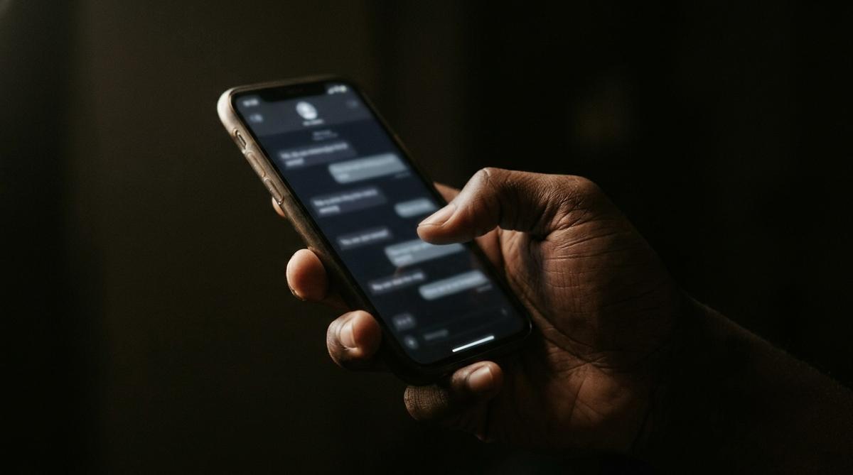 Ranka su telefonu tamsoje, ekrane susirašinėjimas