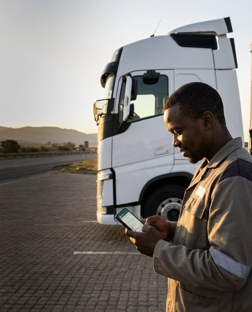 Driver by his truck reading WhatsApp group messages